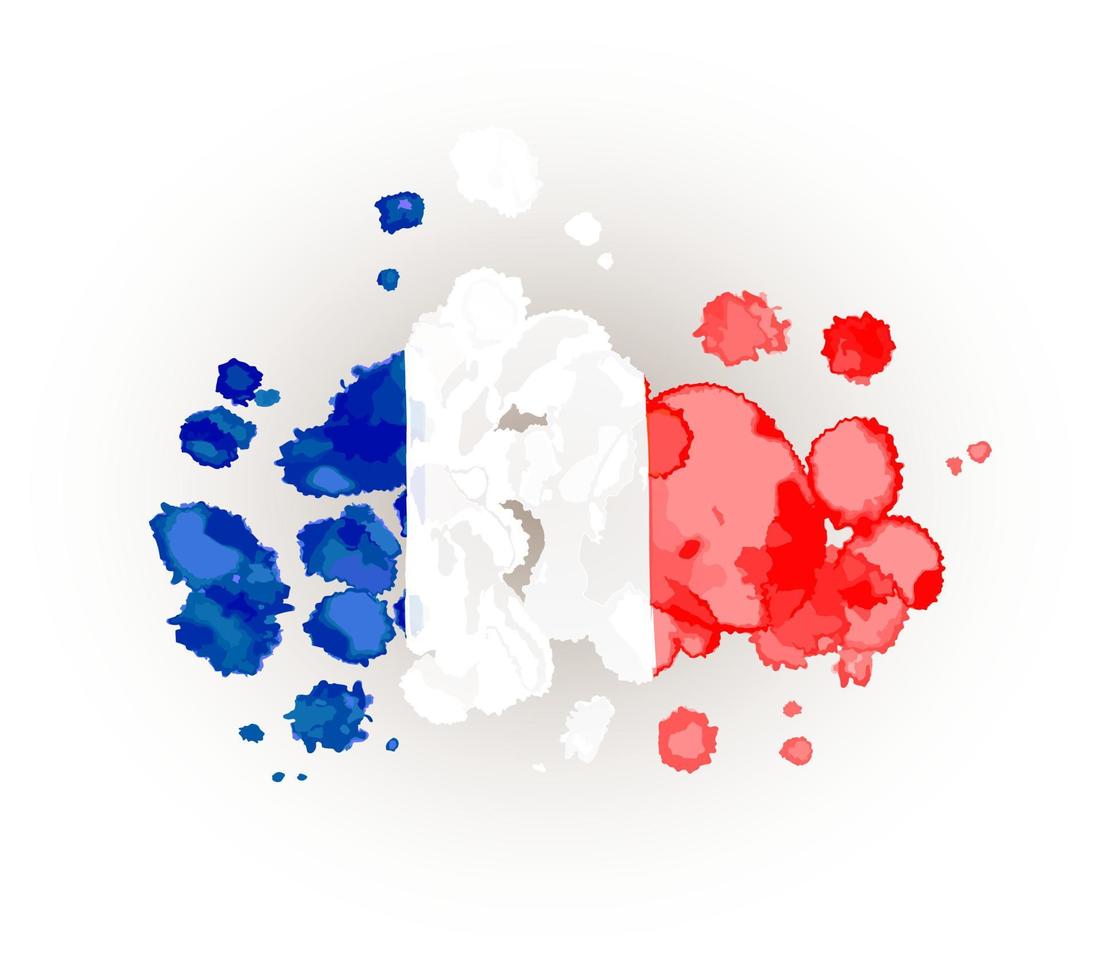 Colorful abstract France country flag, paint splash texture, grunge textured illustration isolated on white background. Watercolor brush drops. vector