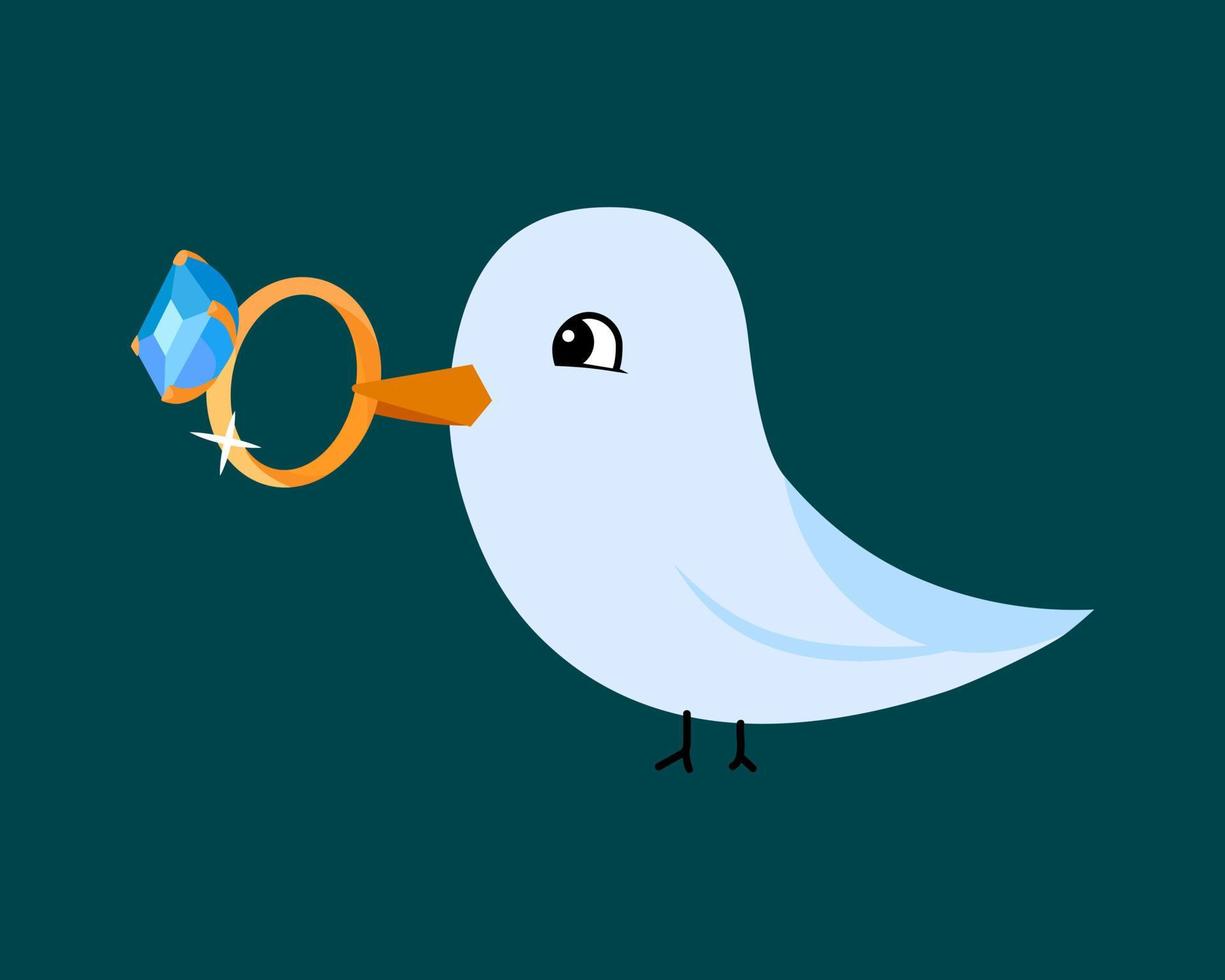 Cute illustration with dove bird holding diamond marriage ring. Vector wedding concept.