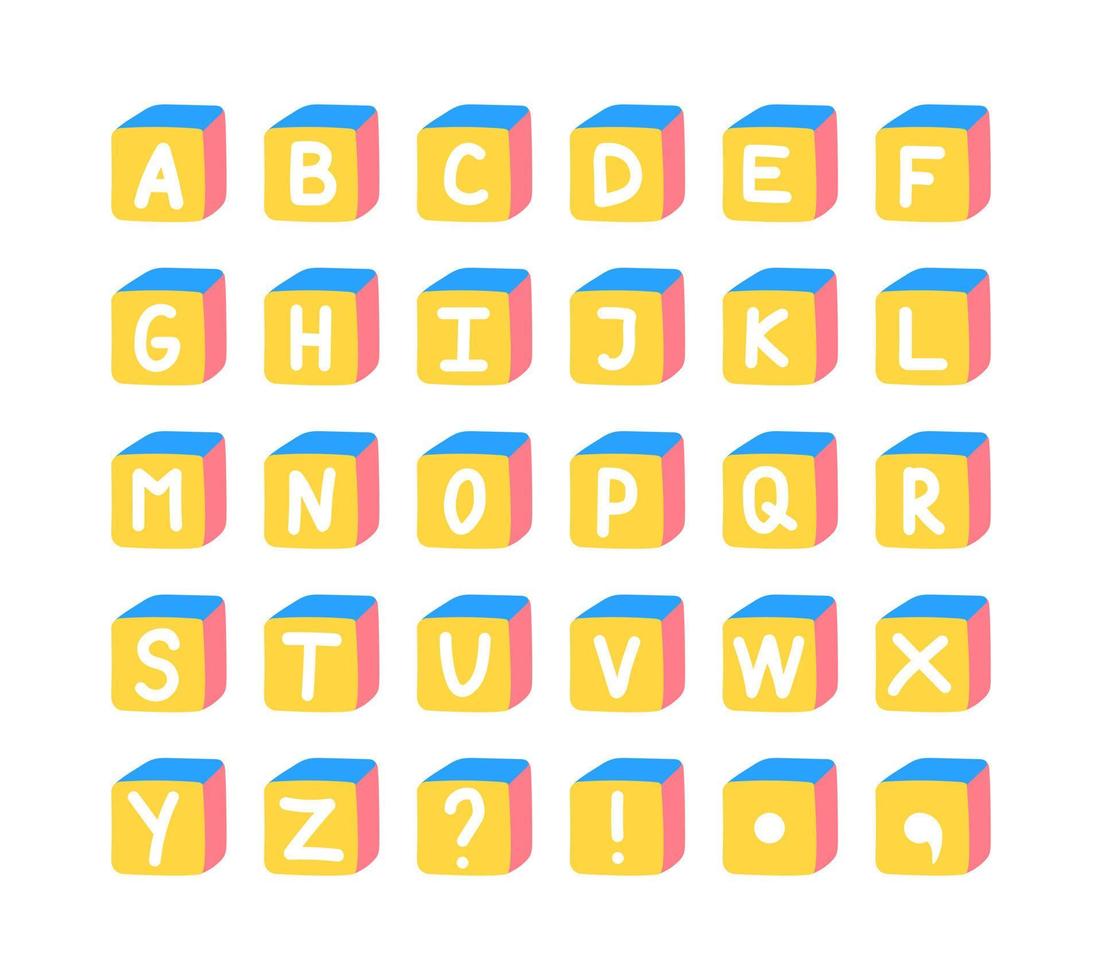 Cartoon 3D cute cube font for preschool kids. Vector colorful english alphabet set.