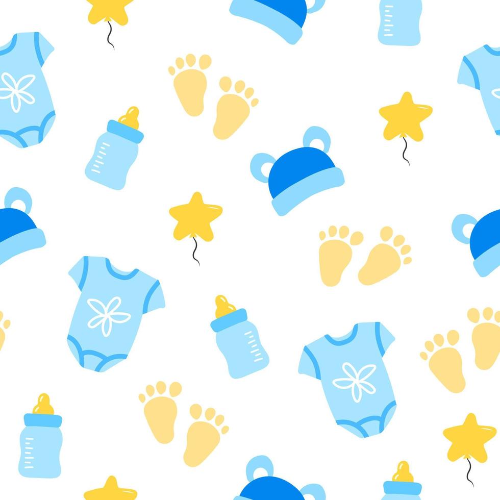 Newborn baby cartoon icon set. Nursery seamless pattern. Bodysuit, cap, footprints, baby bottle, star air balloon. vector