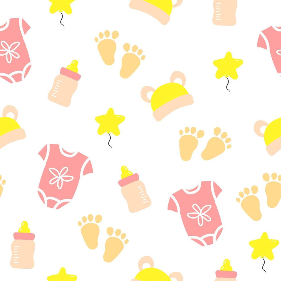 Newborn baby cartoon icon set. Nursery seamless pattern. Bodysuit, cap, footprints, baby bottle, star air balloon. vector