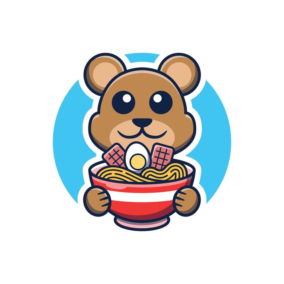 mascota linda del logotipo del oso que sostiene la ilustración del icono de la historieta del ramen vector