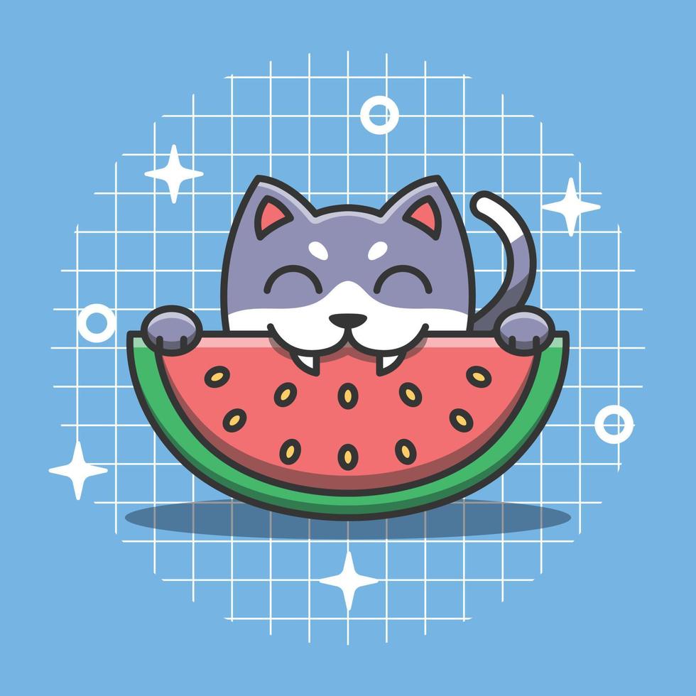 Cute cat character eating watermelon vector illustration. Unique animal fruit cartoon.