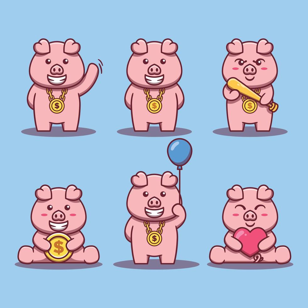 Cute Pig Mascot Set Cartoon Icon Illustration vector