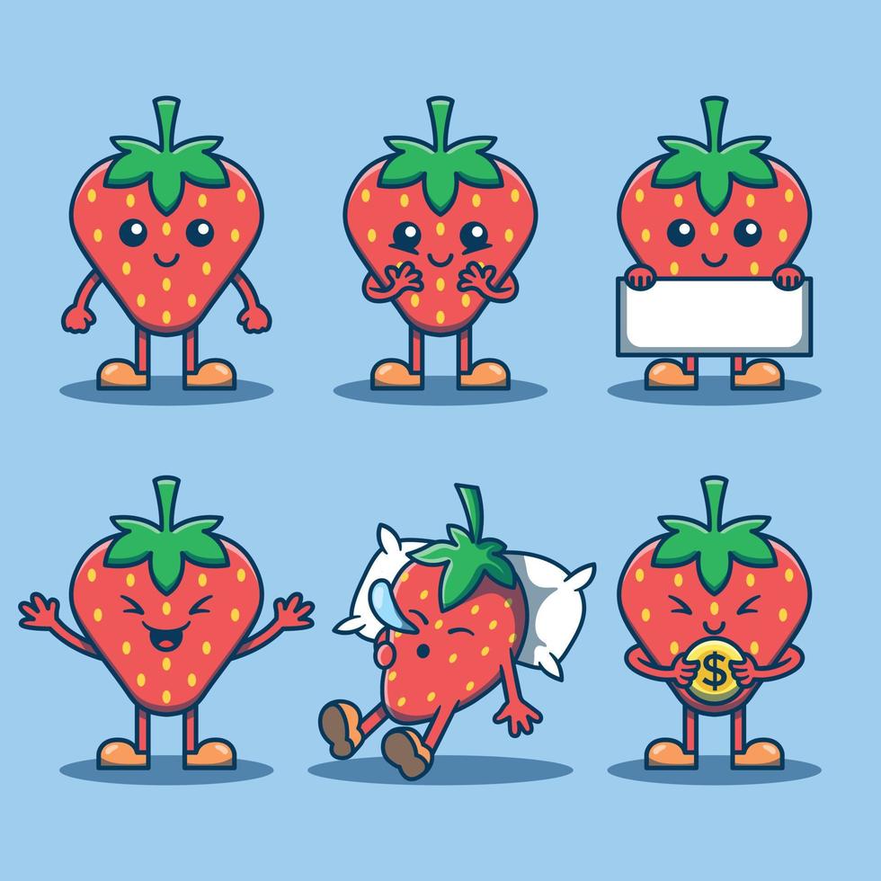 Cute strawberry characters in various poses vector