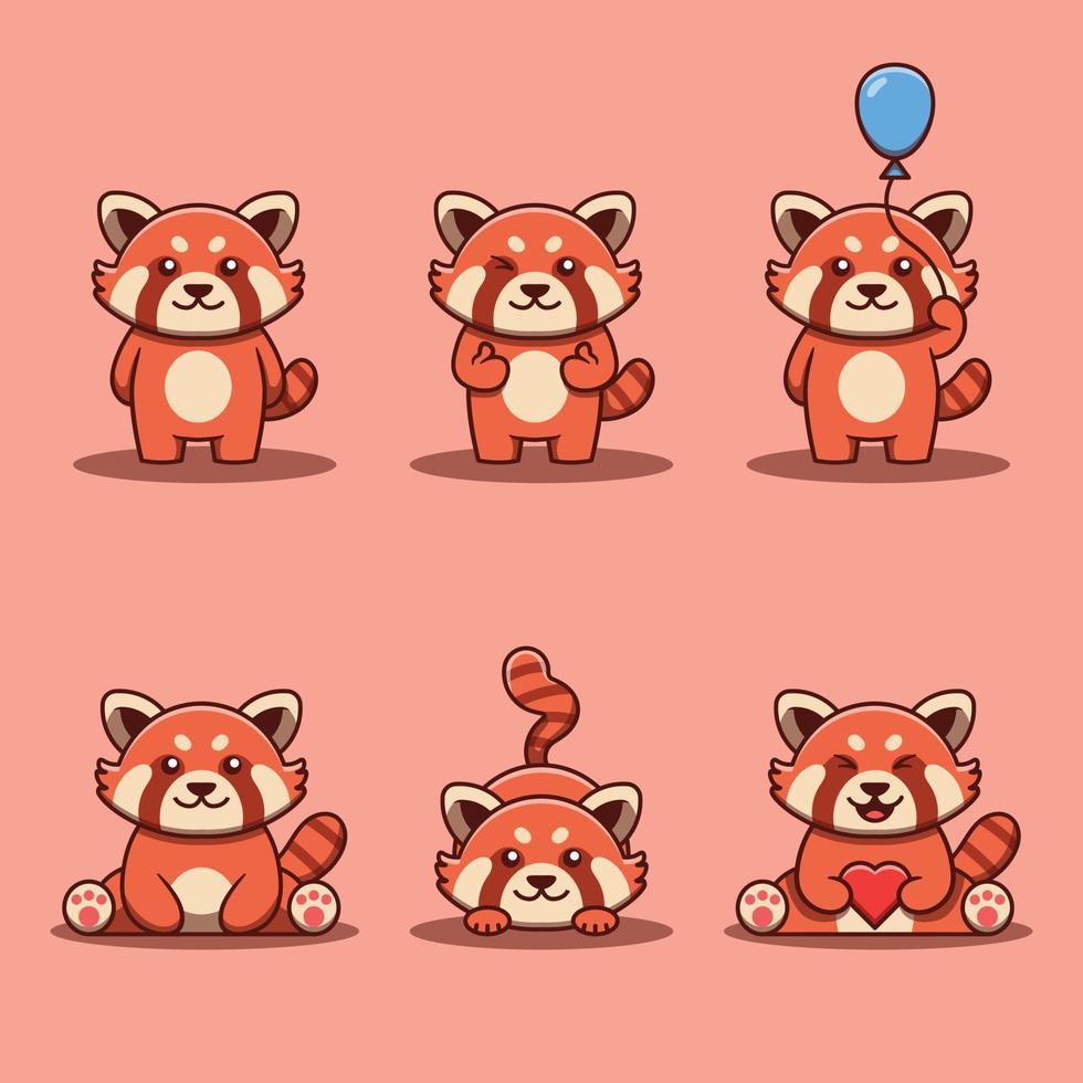 Cute Red Panda Mascot Set Cartoon Illustration vector
