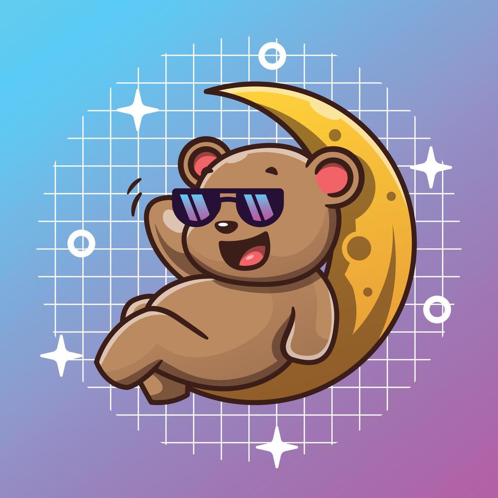 Cute bear relaxing on the crescent moon cartoon mascot illustration vector