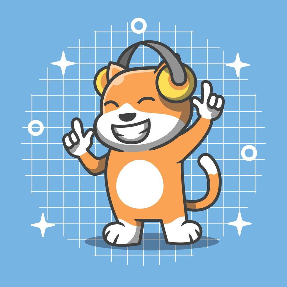 Cute cat character is listening to music through headset vector