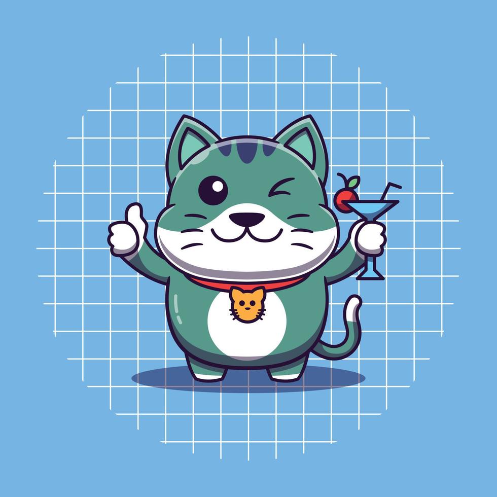 lindo gato pulgar hacia arriba mientras sostiene la ilustración del icono de dibujos animados de vidrio vector