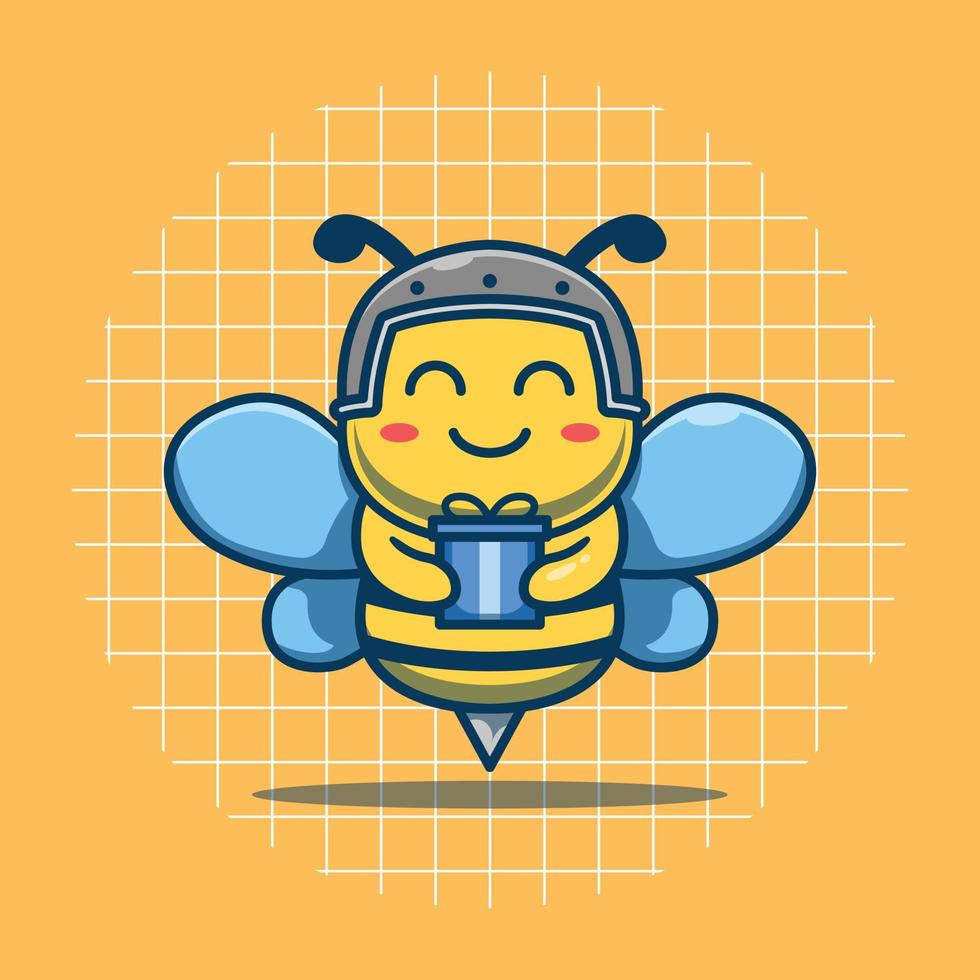 Cute bee character sending a gift vector illustration. Flat cartoon style