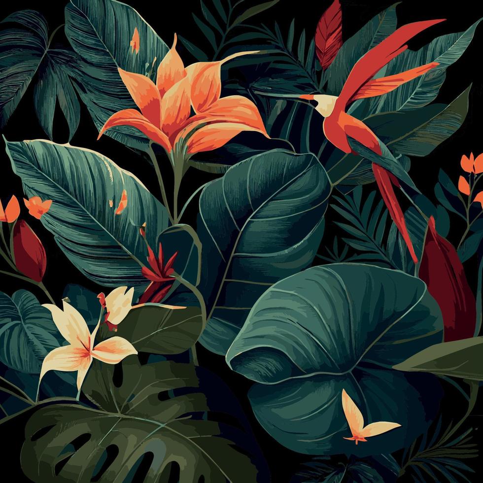 fondo de bosque tropical verde hojas de monstera, hojas de palma, ramas. fondo de plantas exóticas para banner, plantilla, decoración, postal. follaje abstracto y papel tapiz botánico - vector