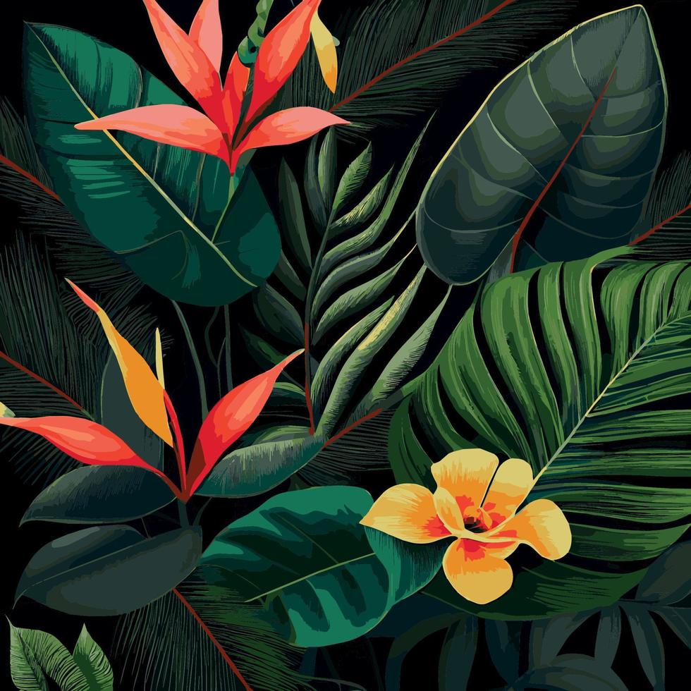 fondo de bosque tropical verde hojas de monstera, hojas de palma, ramas. fondo de plantas exóticas para banner, plantilla, decoración, postal. follaje abstracto y papel tapiz botánico - vector