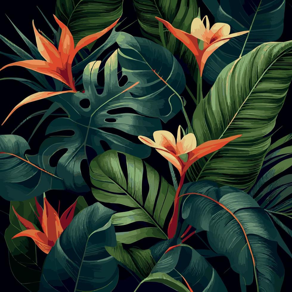 fondo de bosque tropical verde hojas de monstera, hojas de palma, ramas. fondo de plantas exóticas para banner, plantilla, decoración, postal. follaje abstracto y papel tapiz botánico - vector