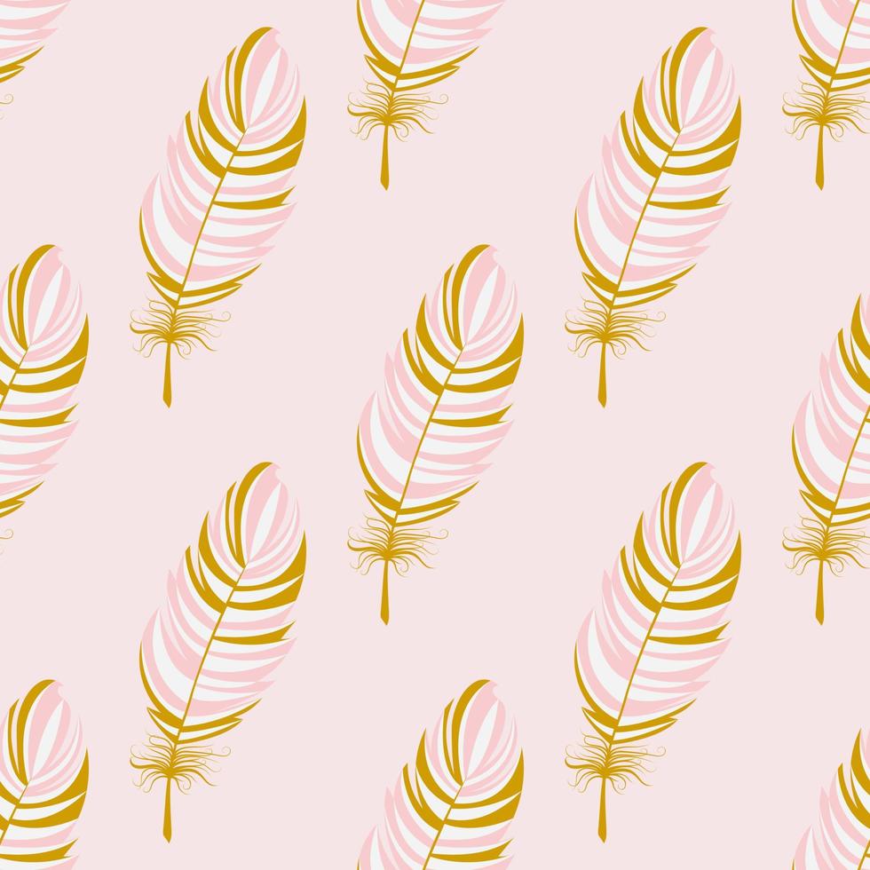 Colorful seamless pattern of pink gold feathers. Vector pattern with bird feathers for textiles, wallpaper or packaging.