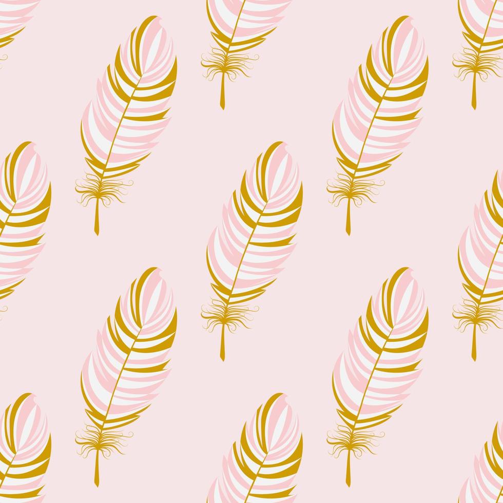 Colorful seamless pattern of pink gold feathers. Vector pattern with bird feathers for textiles, wallpaper or packaging.