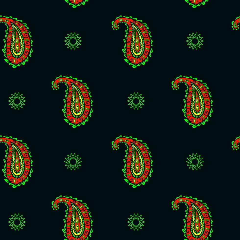 Colorful seamless paisley pattern on black backdrop. Gren, red, black color. Doodle style. Textile print. Indian paisley floral seamless pattern. Colorful asian style floral pattern. Vector. vector