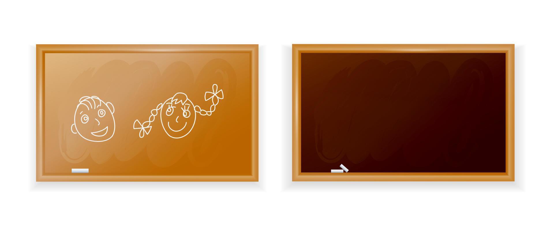Two chalkboards with wooden frames and pieces of chalk on a white background. Brown board for a school class, cafe menu or restaurant inscriptions with chalk. Vector illustration.