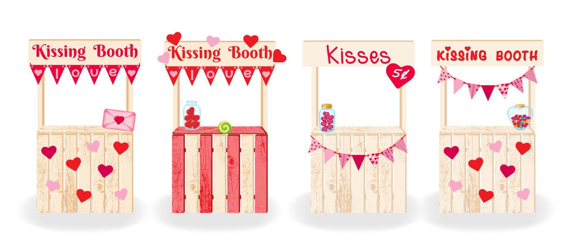 cabina de besos. cuatro cabinas de besos decoradas decorativas. conjunto de decoraciones de madera para celebrar cumpleaños, bodas, feliz día de san valentín. ilustración vectorial vector