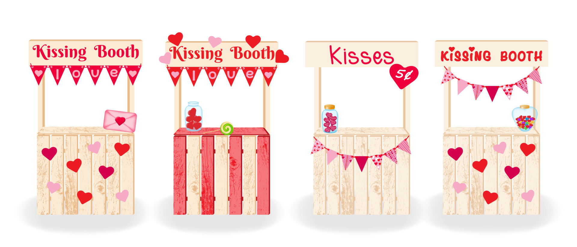 Kissing booth. Four decorative decorated kissing booths. Set of wooden