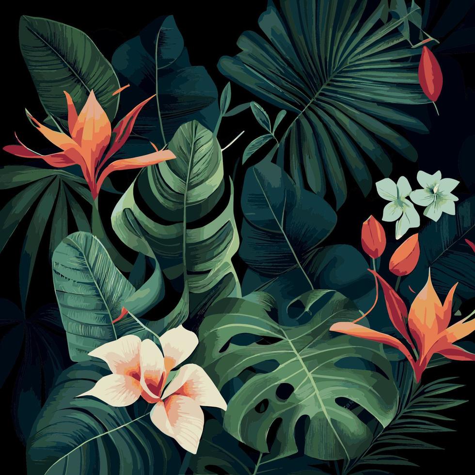 fondo de bosque tropical verde hojas de monstera, hojas de palma, ramas. fondo de plantas exóticas para banner, plantilla, decoración, postal. follaje abstracto y papel tapiz botánico - vector