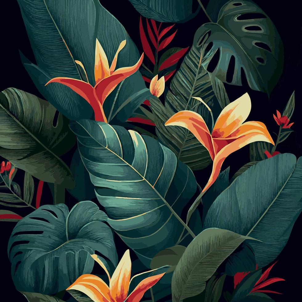 fondo de bosque tropical verde hojas de monstera, hojas de palma, ramas. fondo de plantas exóticas para banner, plantilla, decoración, postal. follaje abstracto y papel tapiz botánico - vector