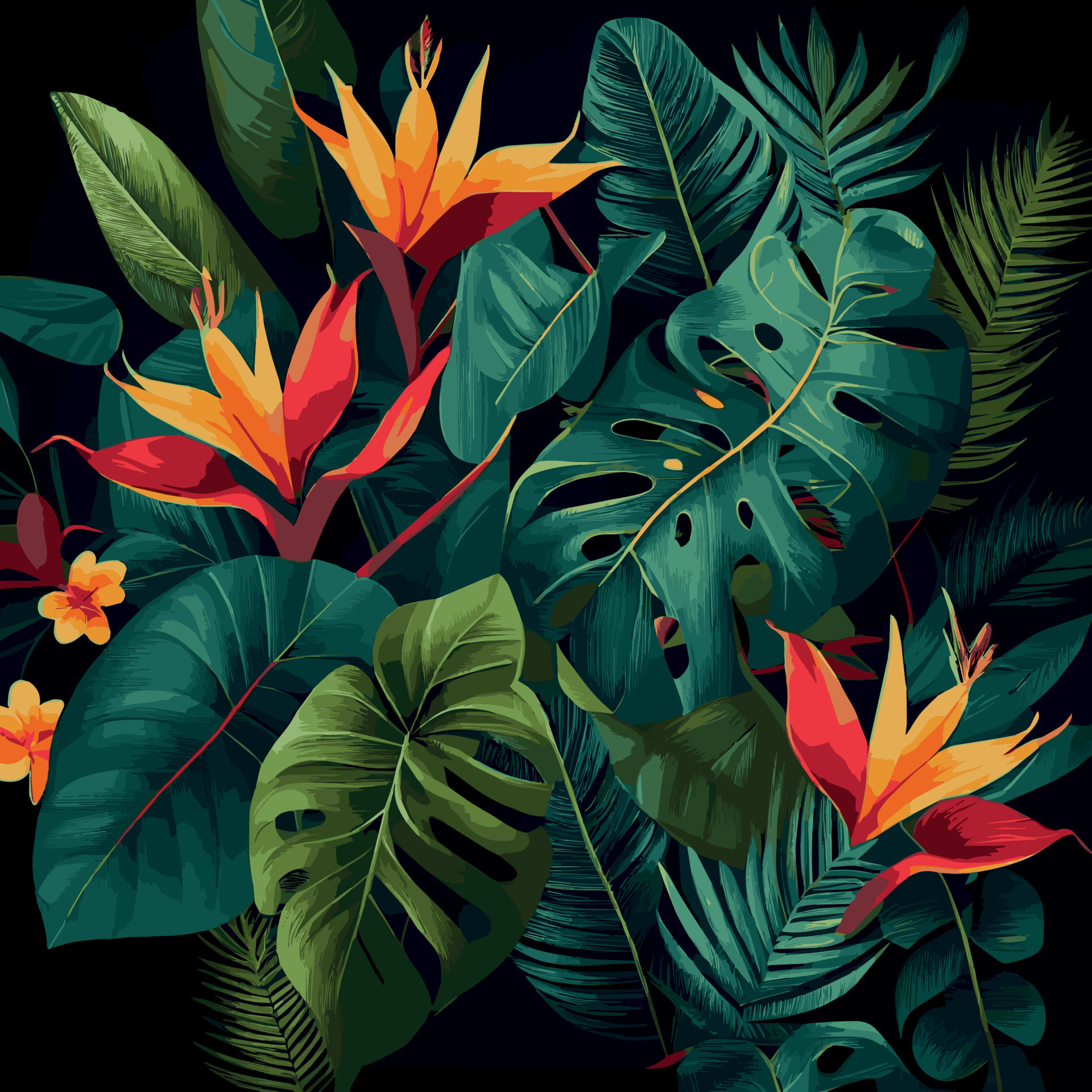 Green tropical forest background monstera leaves, palm leaves, branches