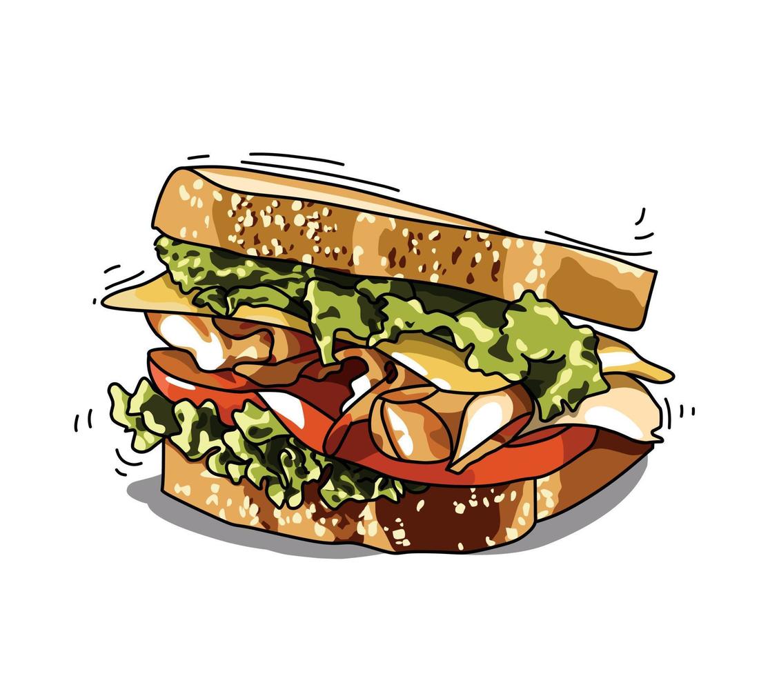 sándwich de carne de ilustración con vector de pan de semilla de sésamo