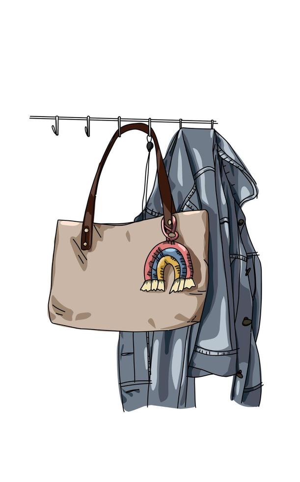 Illustration Vector bag and jeans-denim jacket at hook in the bedroom