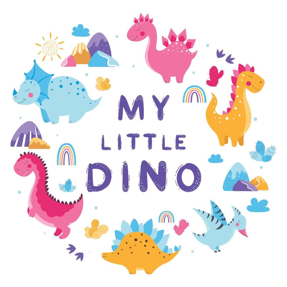 conjunto de dinosaurios lindos, ilustraciones de dinosaurios vectoriales lindos, conjunto de dinosaurios de dibujos animados sobre fondo blanco, conjunto de cactus de dibujos animados, montañas lindas vector