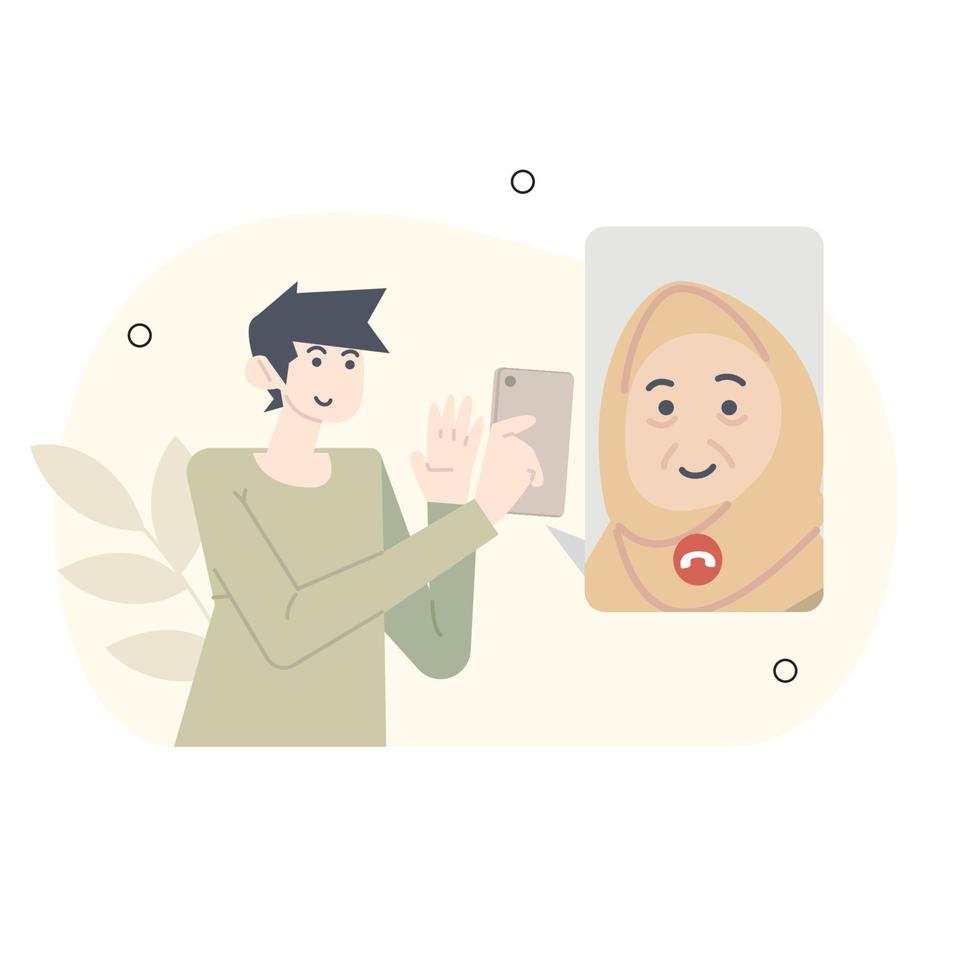 ramadan illustration. apologize to mother for not being able to go home on Eid al-Fitr. teleconference with mother during Eid al-Fitr. vector