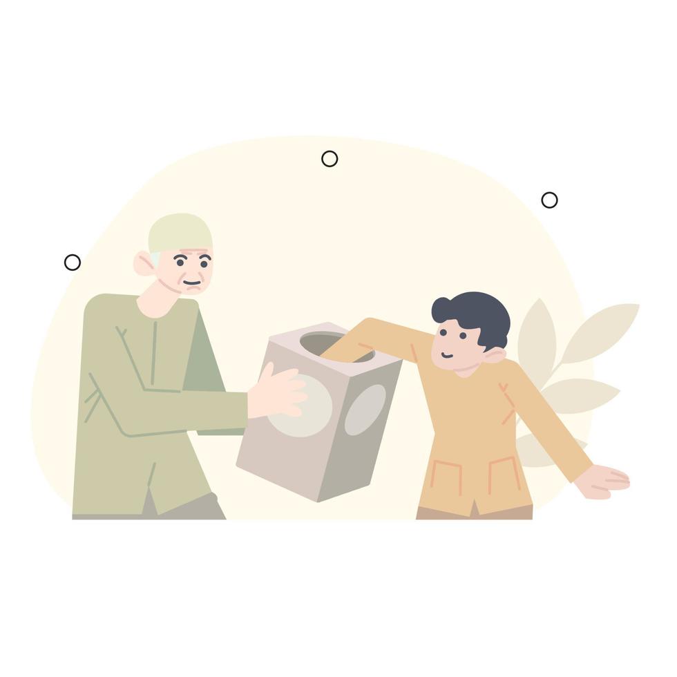 ramadan illustration. the child who took bread from grandfather. grandfather gave canned bread directly. grandpa gave Eid bread. with a flat design. vector