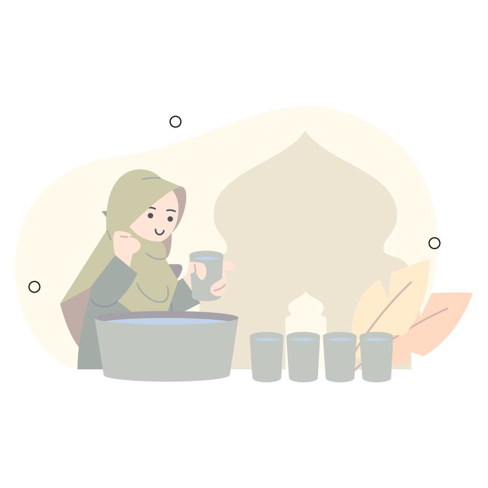 a woman wearing a hijab pouring water for someone to break their fast. vector