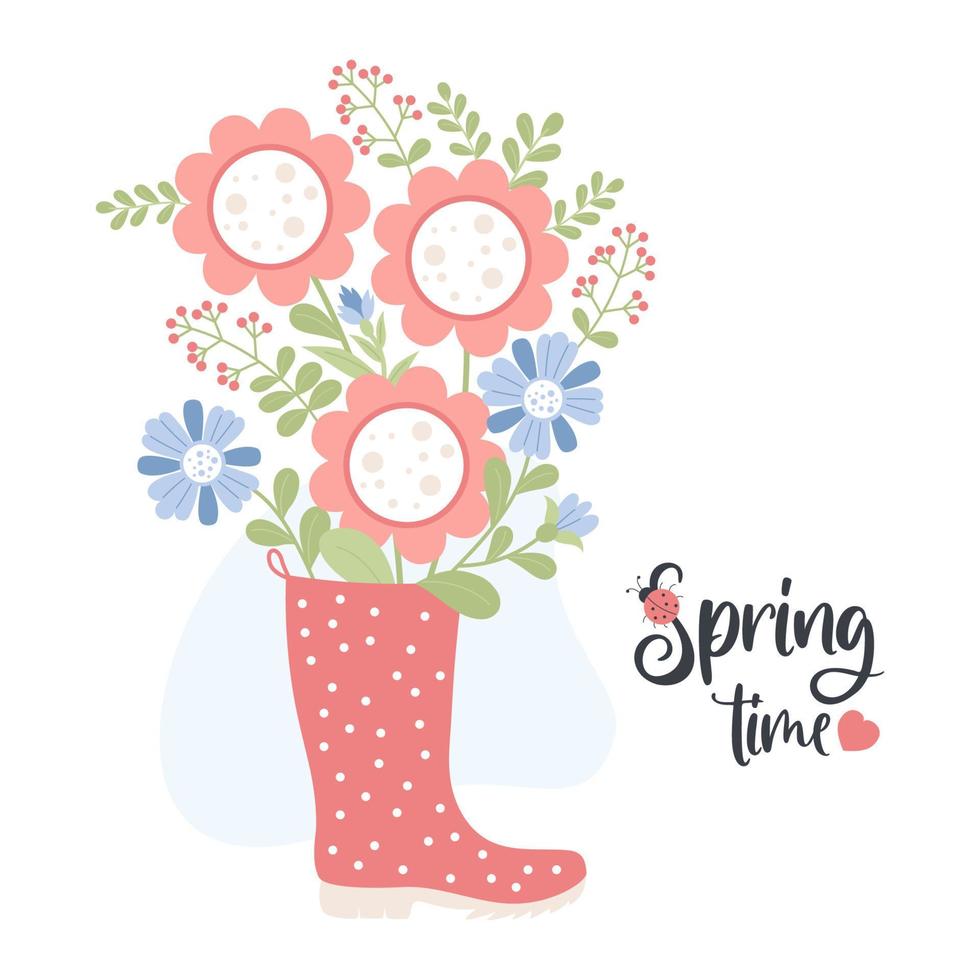 Spring time. Bouquet of flowers in rubber boot. Cute postcard. Vector illustration in flat style.