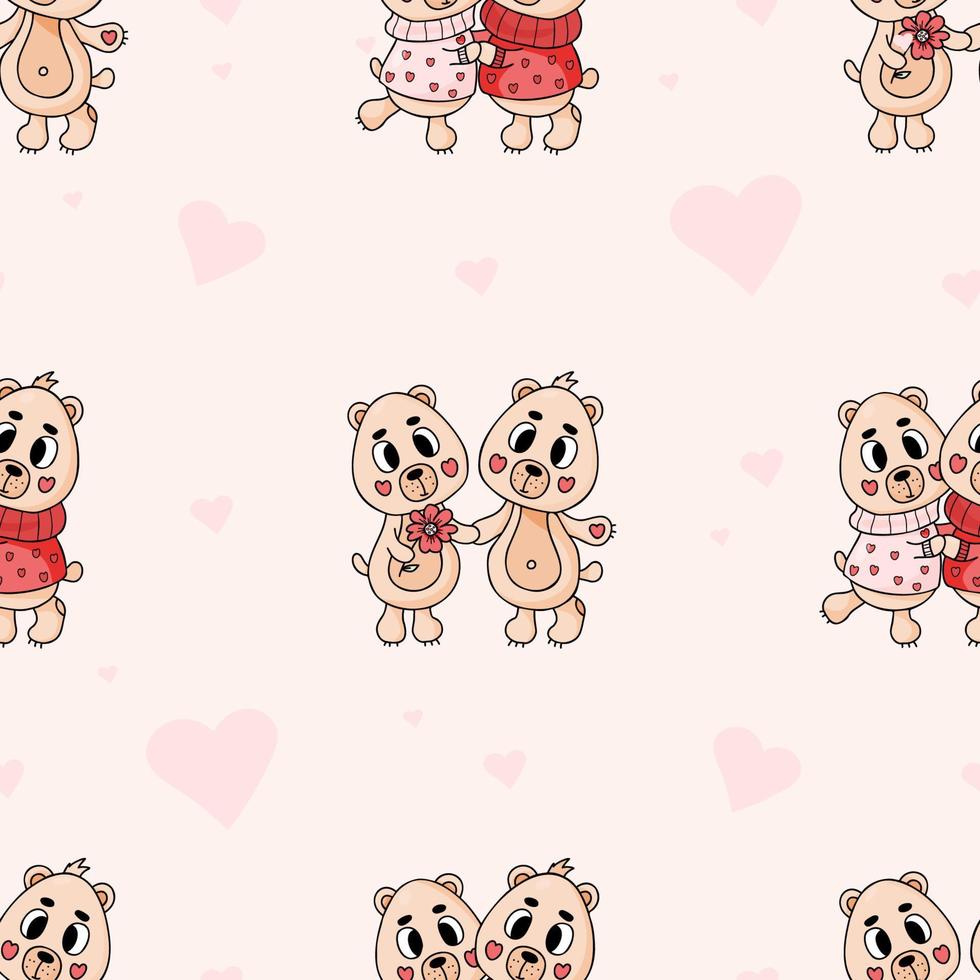 Seamless pattern with cute animals. Enamored bears on pink background with hearts. Vector illustration. Romantic endless background for valentines, wallpapers, packaging, print, design.