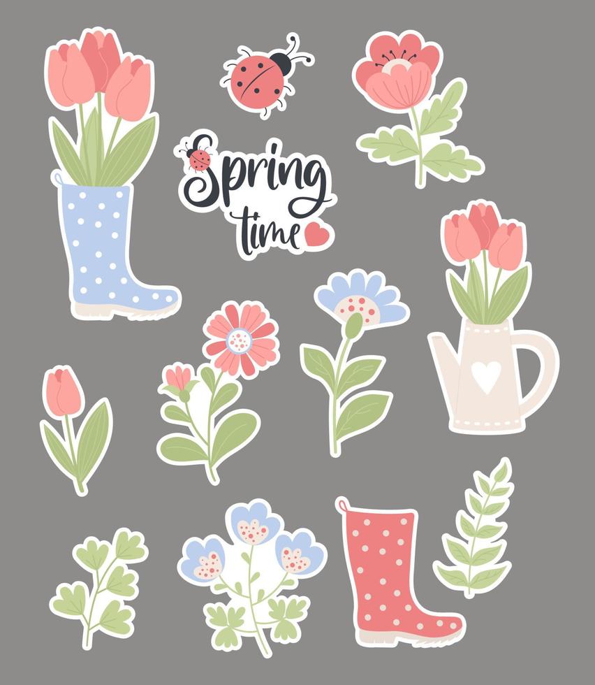 Collection stickers Spring time. Rubber boot and watering can with bouquet of tulips, flowers, plant branches and ladybug. Vector illustration. Isolated plants for design, decor, decoration, cards.