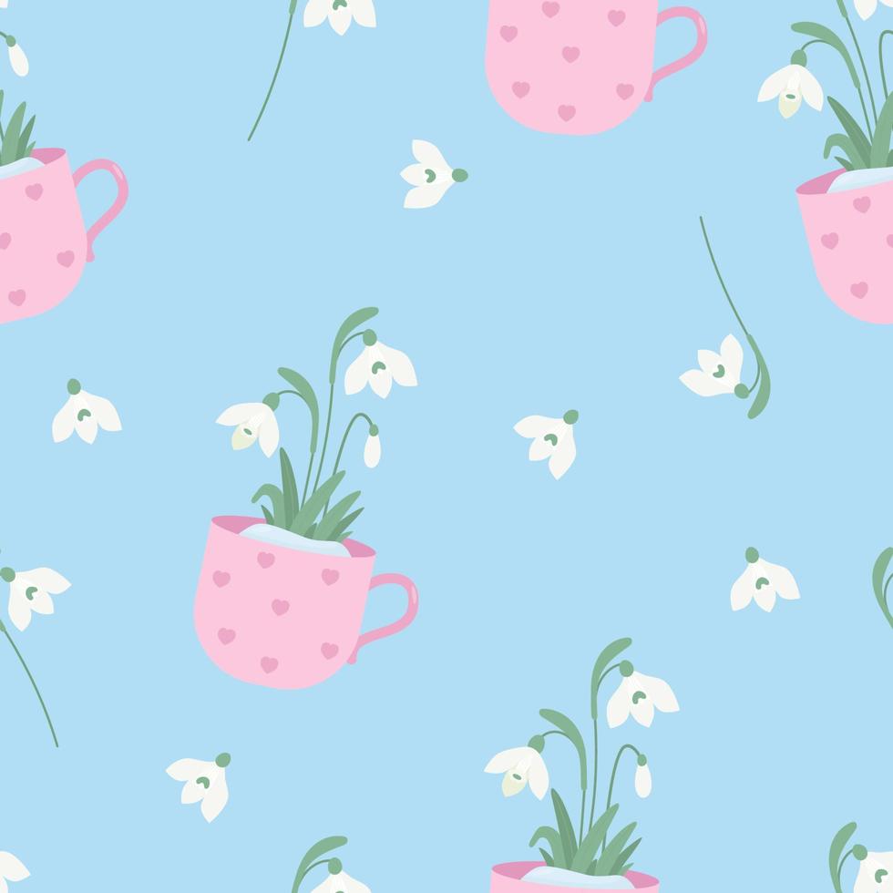Floral spring seamless pattern. Snowdrop flowers in cup on light blue background. Vector illustration. Botanical pattern for decor, design, packaging, wallpaper, textile.