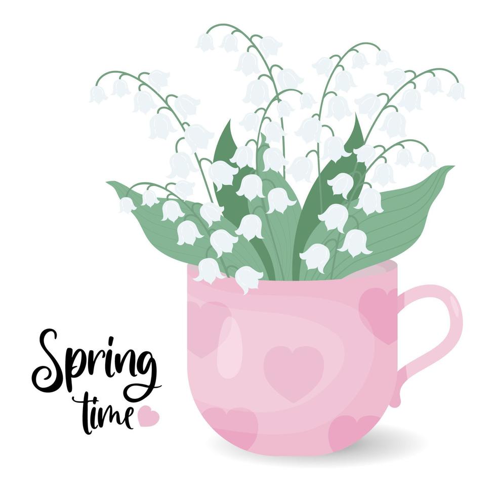 Bouquet spring flowers of lilies of the valley in cup. Spring time poster. Vector illustration for design, postcards, decor and decoration, print.