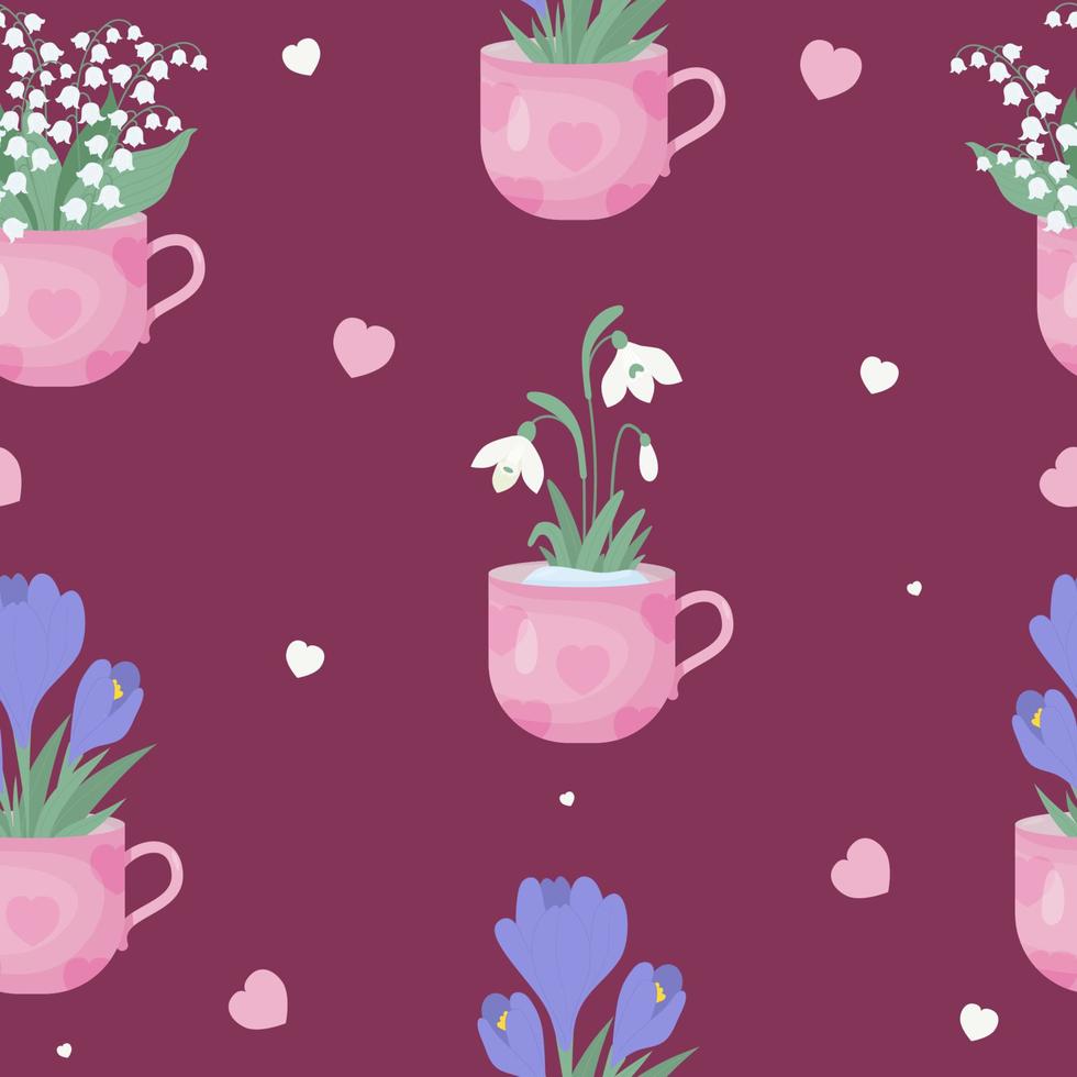 Seamless pattern. Spring Bouquet flowers of snowdrop, May lilies of the valley and purple crocuses in cups on magenta background. Vector illustration for decor, design, packaging, wallpaper, textile.