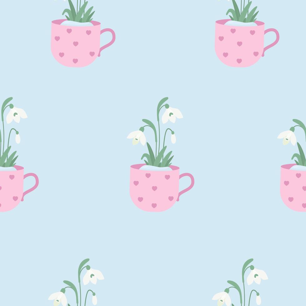 Seamless pattern. Blooming spring snowdrop flowers in cup on light blue background. Vector illustration. Botanical pattern for decor, design, packaging, wallpaper, textile.