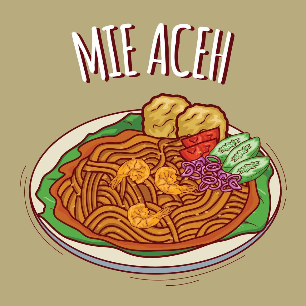 mie aceh ilustración comida indonesia con estilo de dibujos animados vector