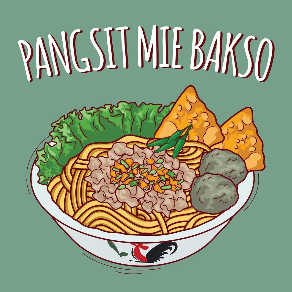 Pangsit mie bakso illustration Indonesian food with cartoon style vector