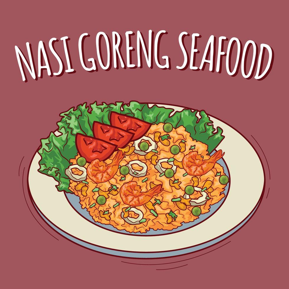 nasi goreng mariscos ilustración comida indonesia con estilo de dibujos animados vector