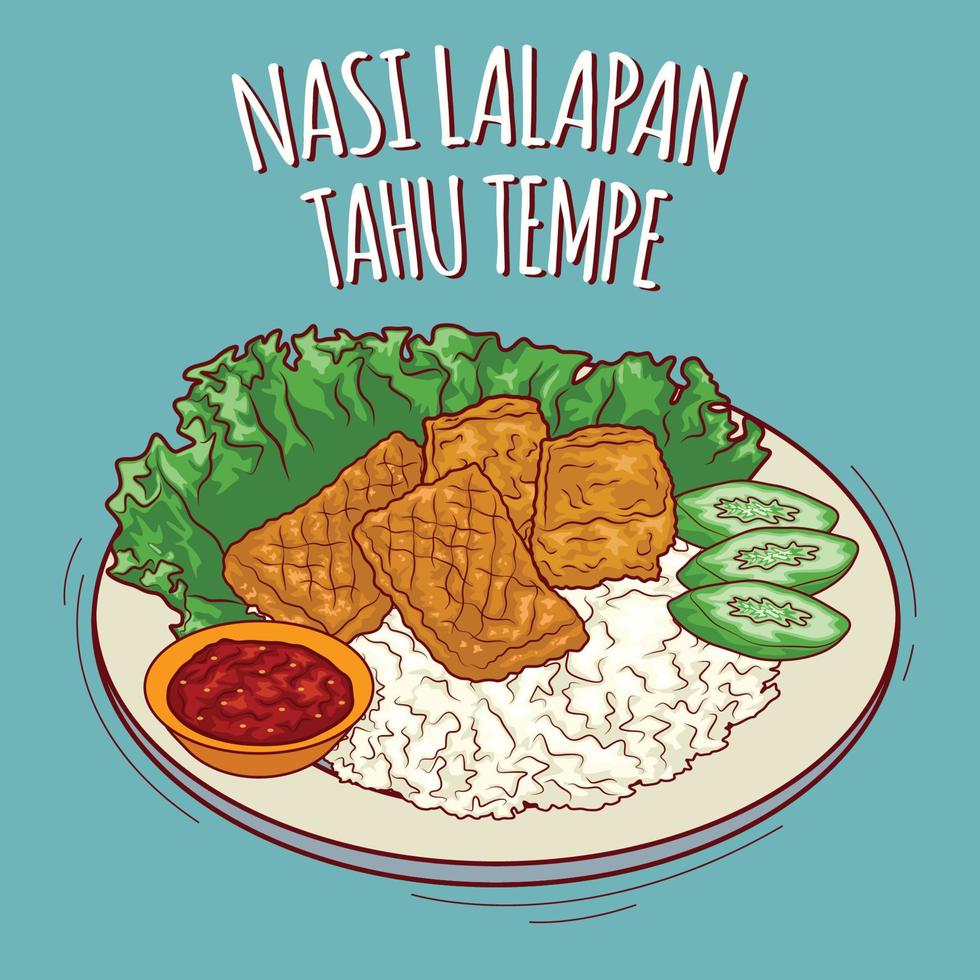 nasi lalapan tahu tempe ilustración comida indonesia con estilo de dibujos animados vector