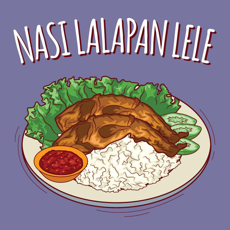 nasi lalapan lele ilustración comida indonesia con estilo de dibujos animados vector