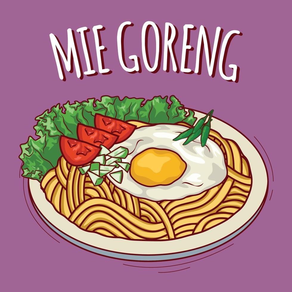 mie goreng o ilustración de fideos fritos comida indonesia con estilo de dibujos animados vector