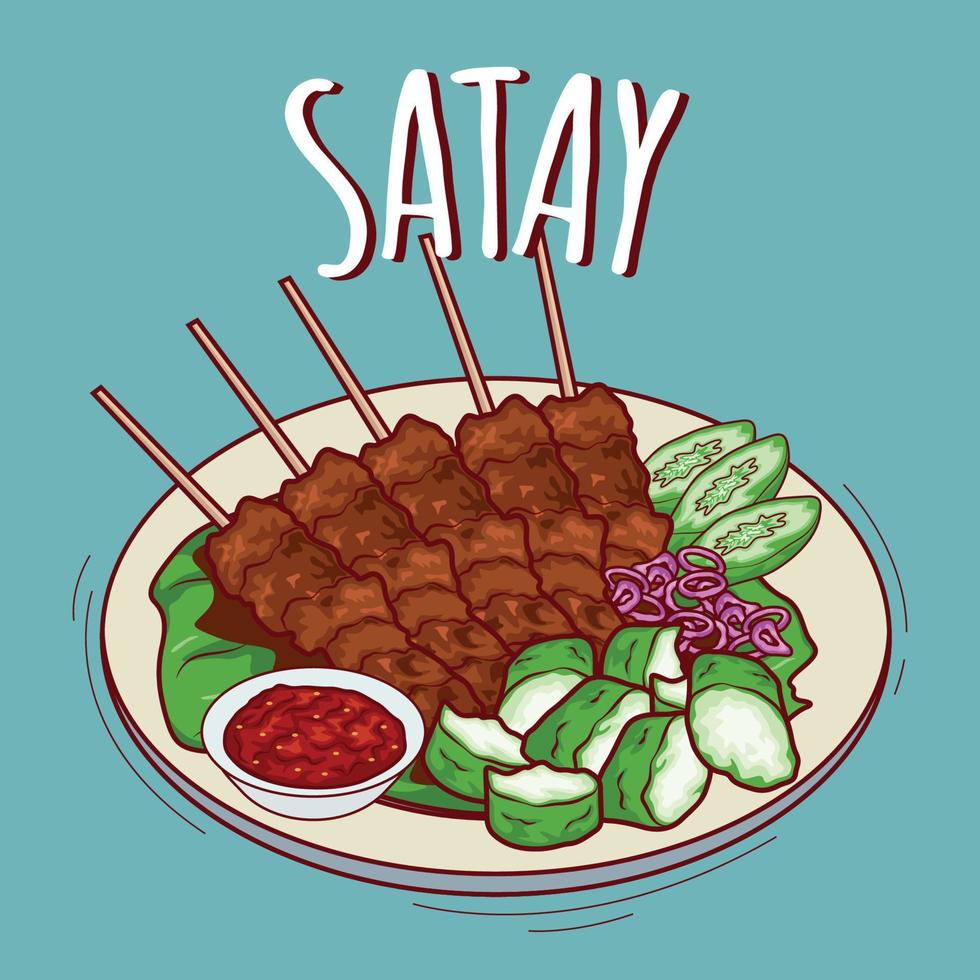 Sate illustration Indonesian food with cartoon style vector