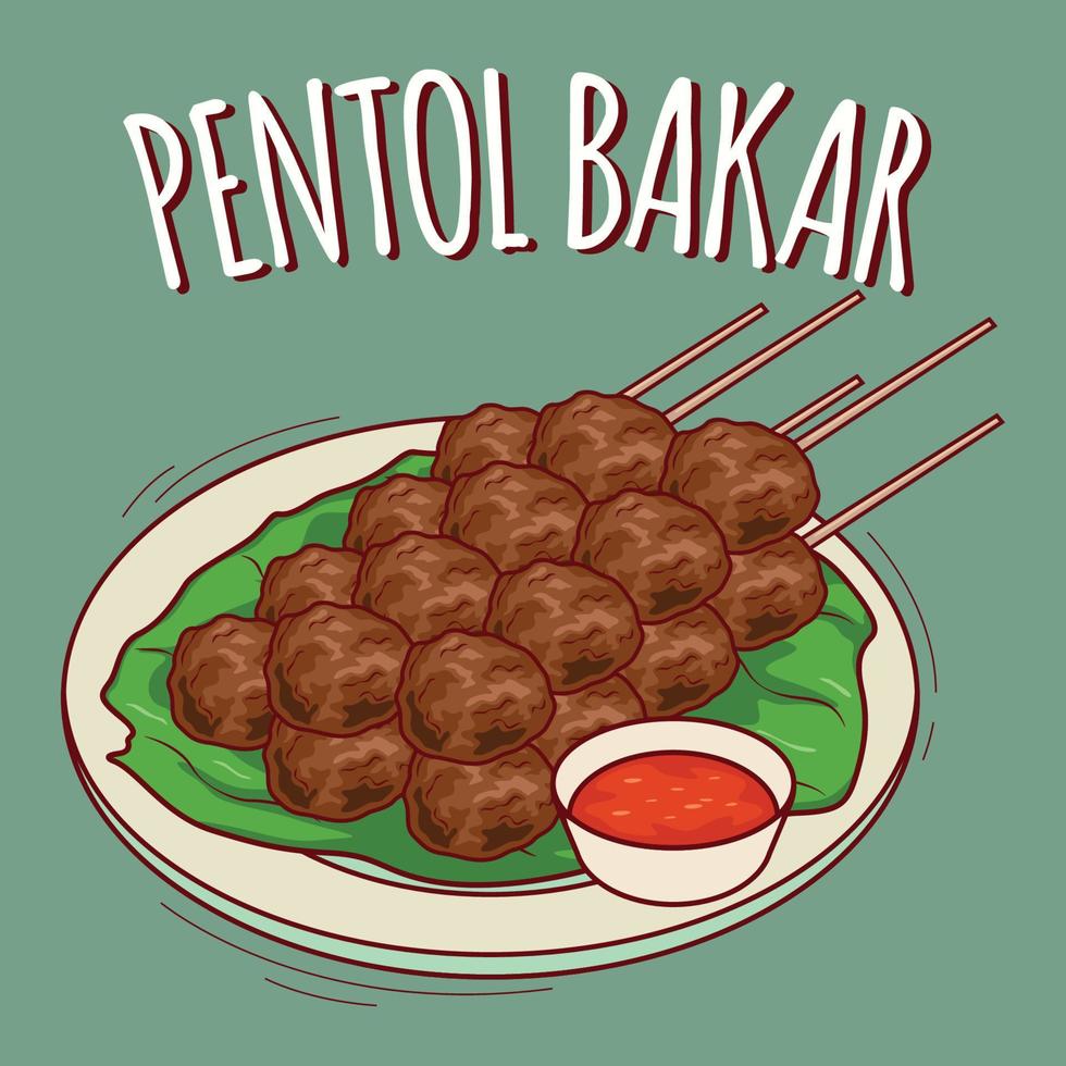 pentol bakar ilustración comida indonesia con estilo de dibujos animados vector