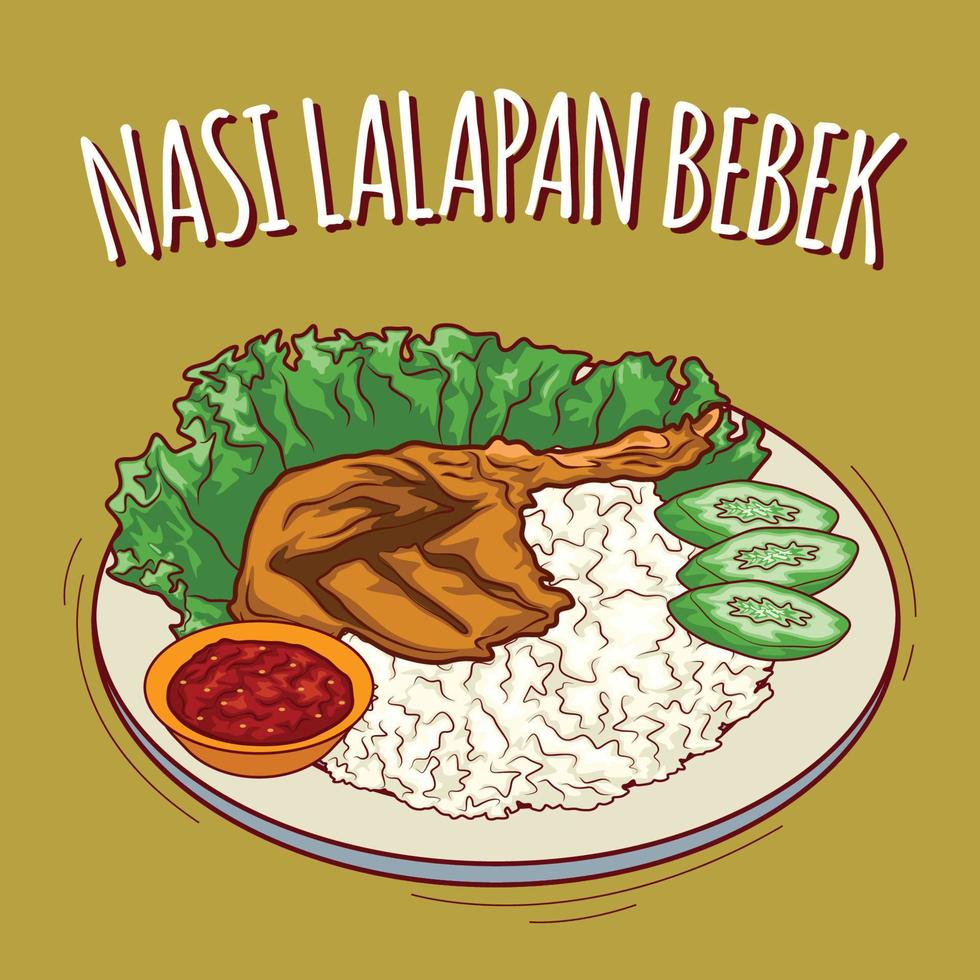 Nasi lalapan bebek illustration Indonesian food with cartoon style vector