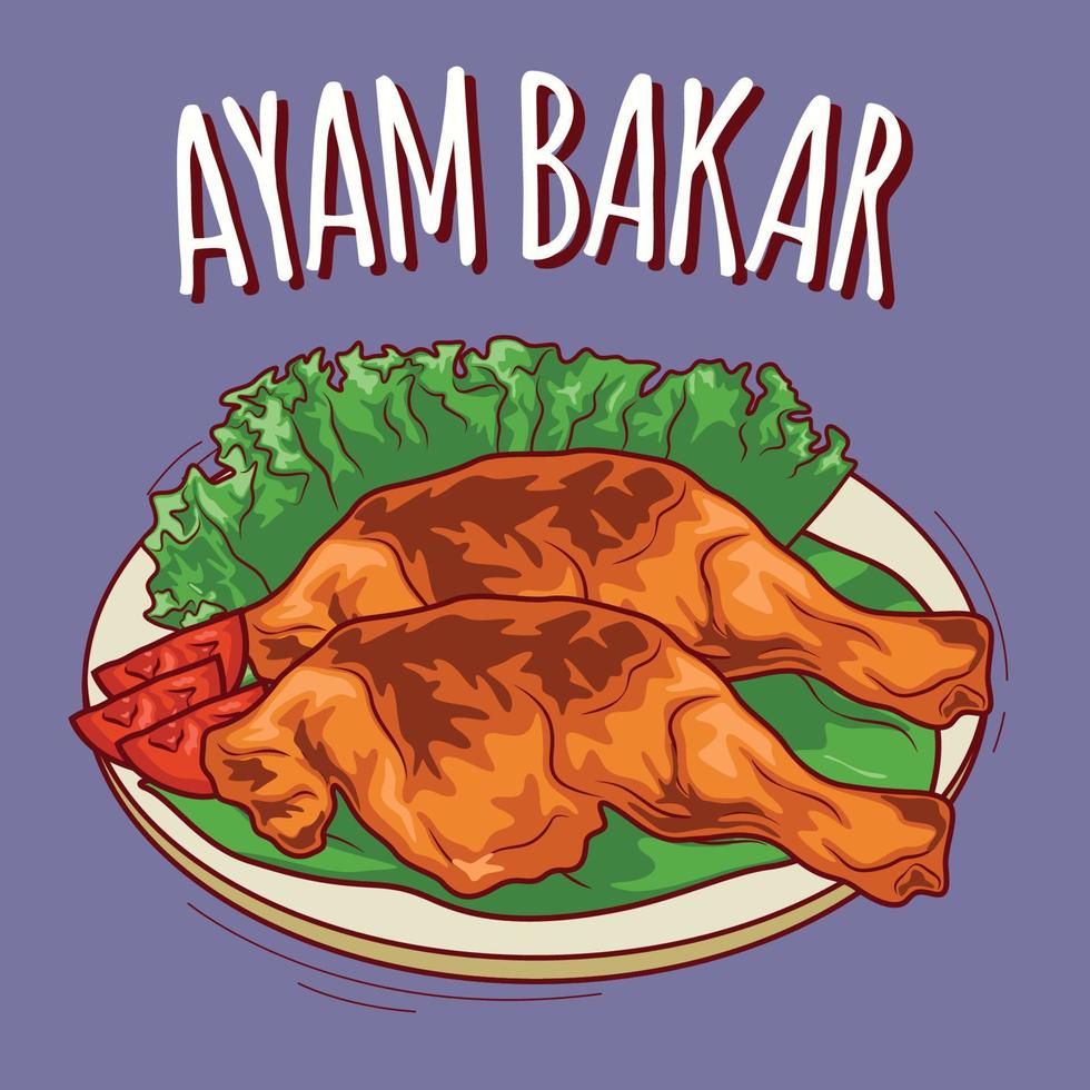 ayam bakar ilustración comida indonesia con estilo de dibujos animados vector