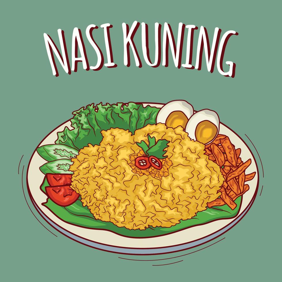 nasi kuning ilustración comida indonesia con estilo de dibujos animados vector